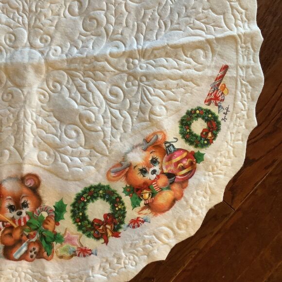 VTG White Felt Christmas Tree Skirt Tablecloth Teddy Bears Rennoc Joyce Garofalo - Picture 4 of 10